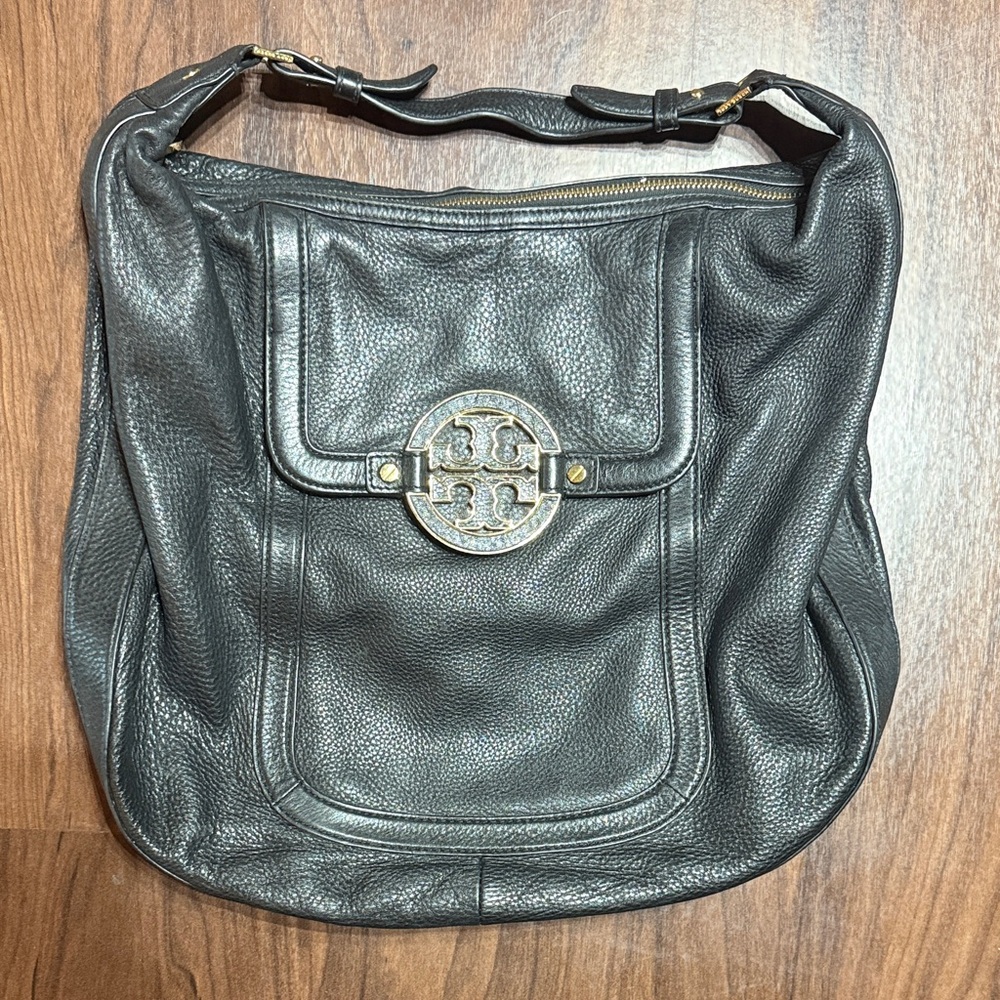 TORY BURCH Black Leather Shoulder Bag Gold Accents & Front Pocket + Dustbag